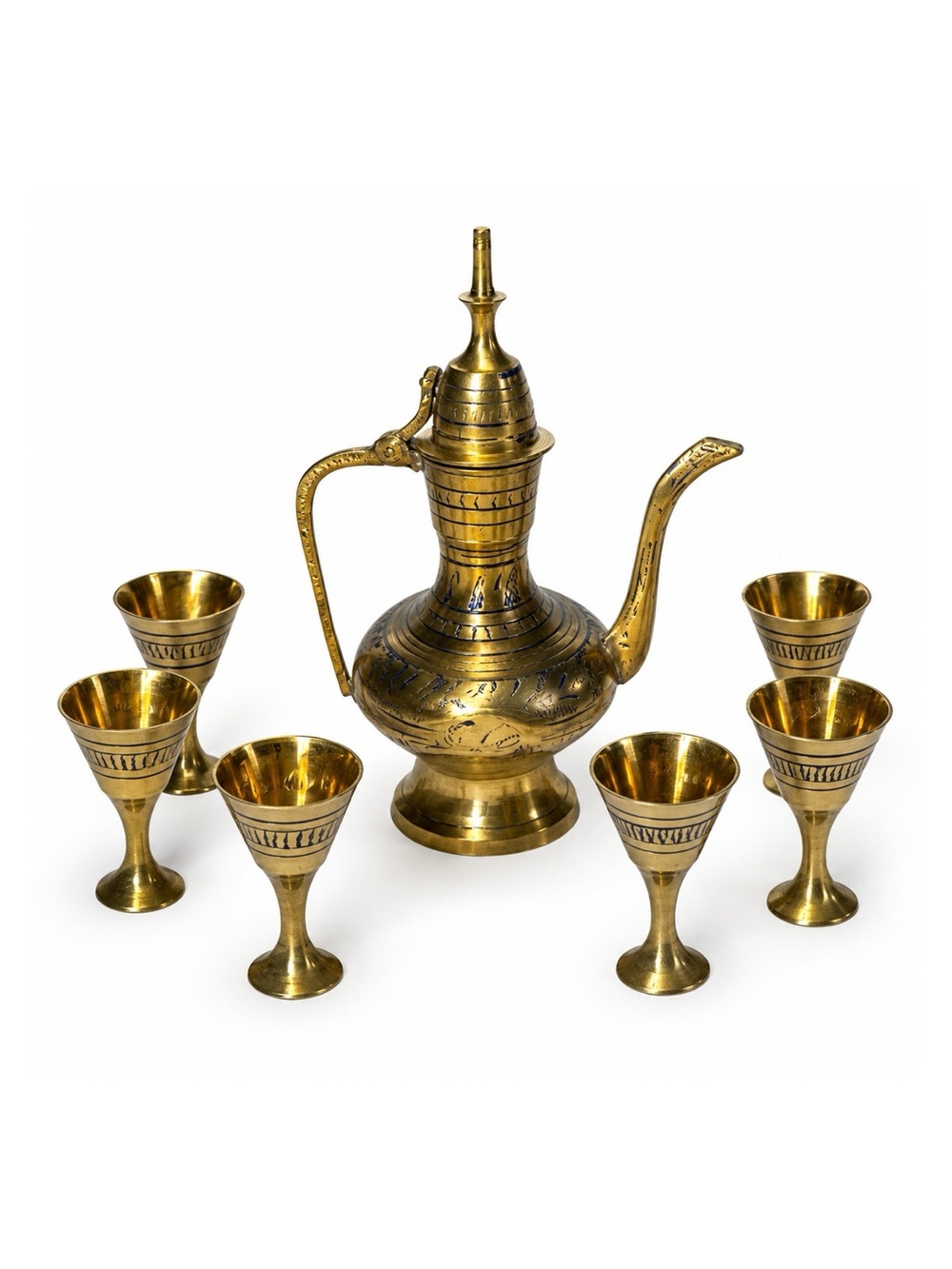 Vintage India Etched Brass Ewer Pitcher Decanter 6 Goblet Cup Set Ornate Boho